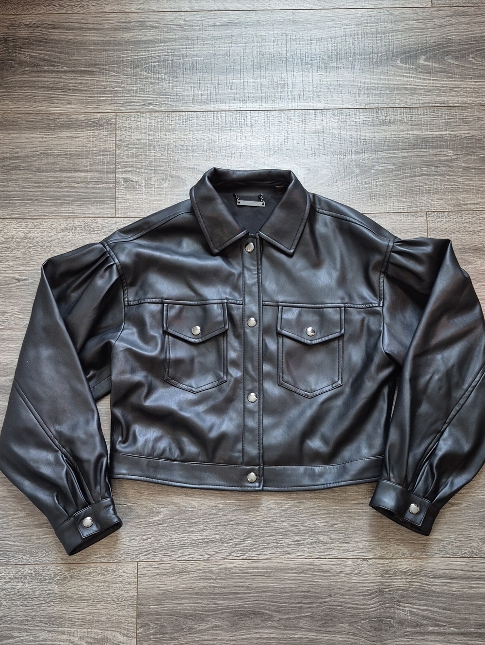 Tahari Black Faux Leather Cropped Jacket with Puff Sleeves